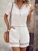 K V-neck Patchwork Short Sleeved Solid Color Shorts Set For Women_ecoleips.com