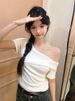 2024 New Slim-Fit Solid Color Pullover Top, Ins Trendy Pure Desire Style, Elegant Off-Shoulder Short-Sleeve T-Shirt For_ecoleips.com