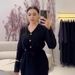 V-Neck Button Front Long Sleeve Knit Cardigan With Matching Pencil Skirt Set - Versatile Casual & Office Wear (XS-XXXL, Black/Cream/Brown)_ecoleips.com