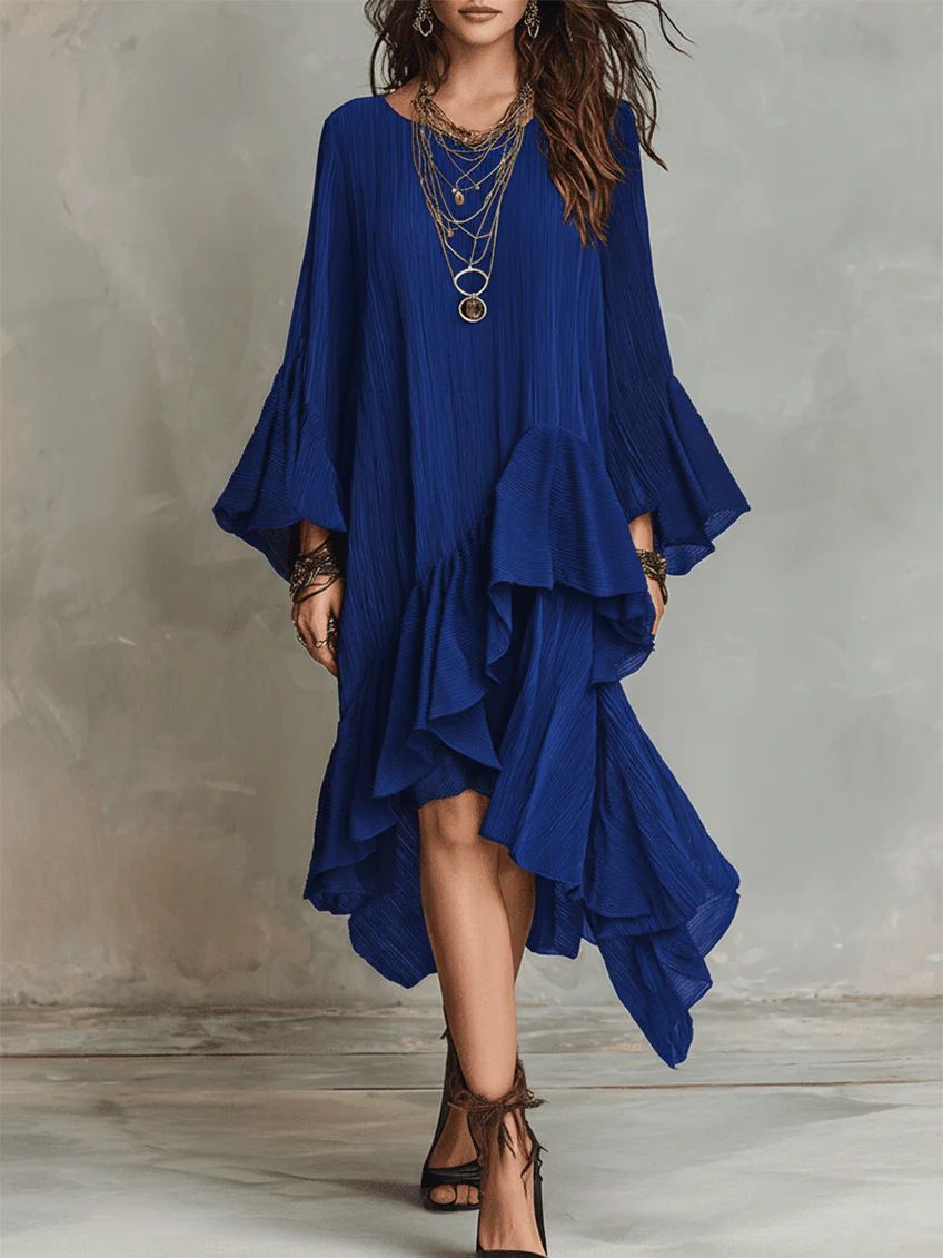 New Elegant Asymmetrical Ruffled Black Dress Style Women's Clothing Spring Summer_ecoleips.com