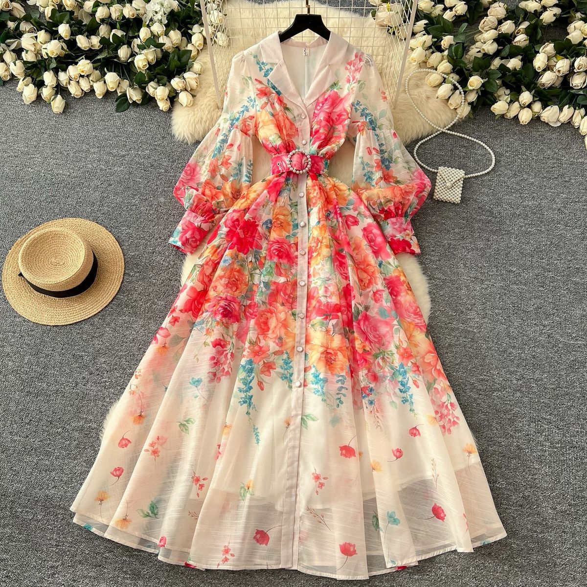 "Luxury Court-Style Printed Maxi Dress – Cinched Waist, Lantern Sleeves & Elegant Silhouette For Sophisticated Women"_ecoleips.com