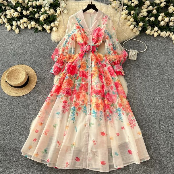 "Luxury Court-Style Printed Maxi Dress – Cinched Waist, Lantern Sleeves & Elegant Silhouette For Sophisticated Women"_ecoleips.com