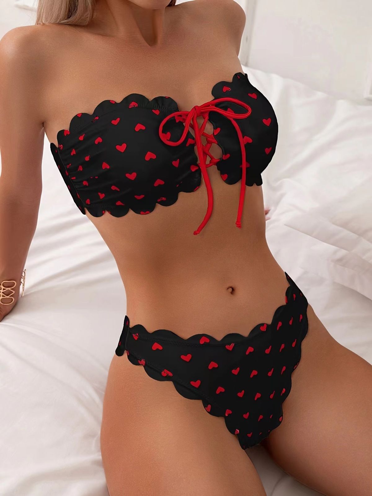 Women's Strapless High-Waisted Bikini European American Style Two Piece Swimsuit Sexy Tie-Up Clothing_ecoleips.com