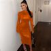 New Solid Color Slim Fit Round Neck High Waist Wrap Hip Tight Long Dress_ecoleips.com