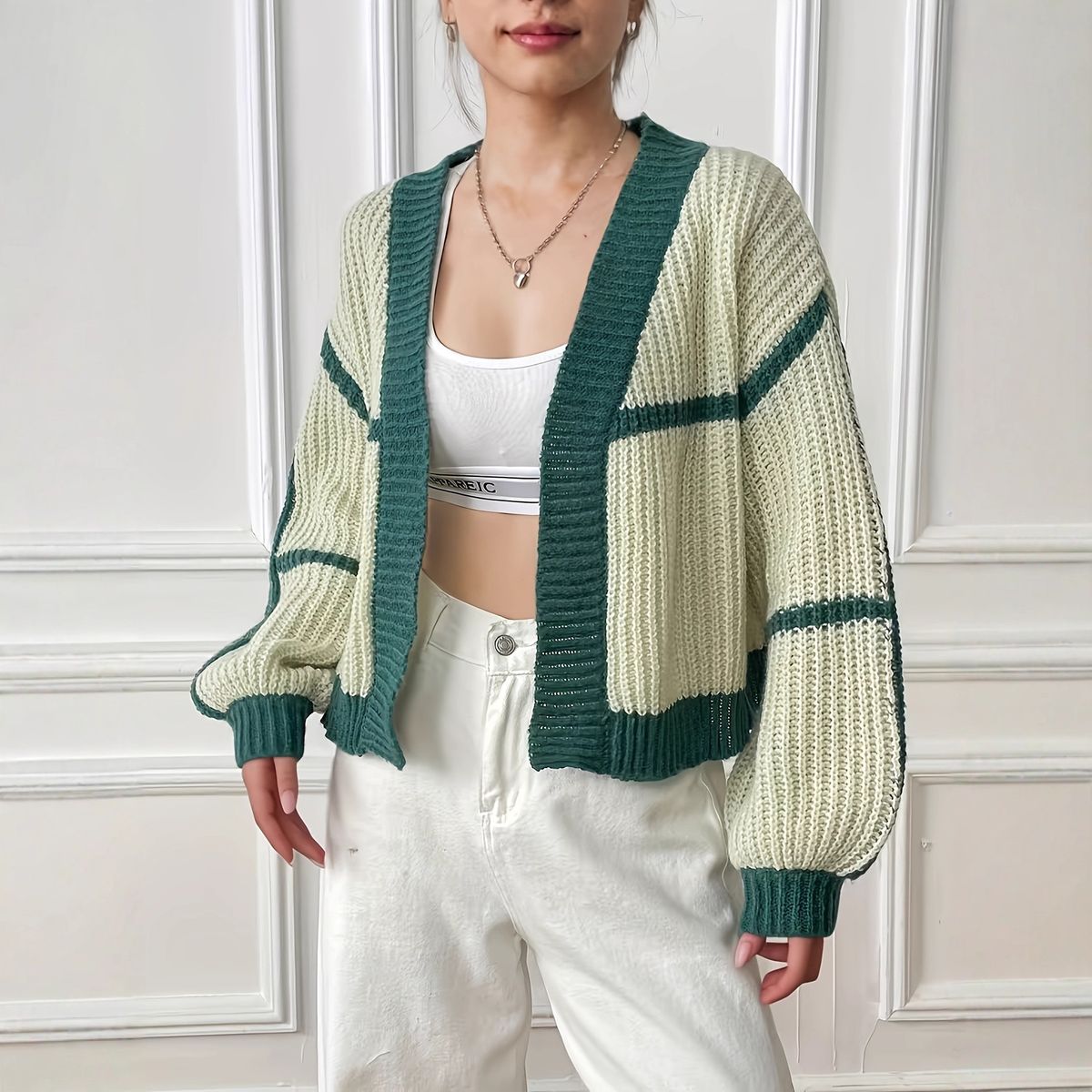 European And American Style Cross-border Knitted Sweater With Elegant V-neck, Loose Fit, Long Sleeve Cardigan Jacket_ecoleips.com