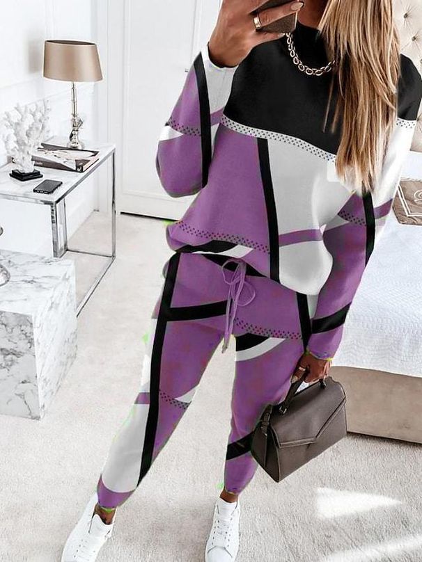 Women's Clothing 2024 new two piece set contrast color printing long sleeved round neck casual fashion suit_ecoleips.com