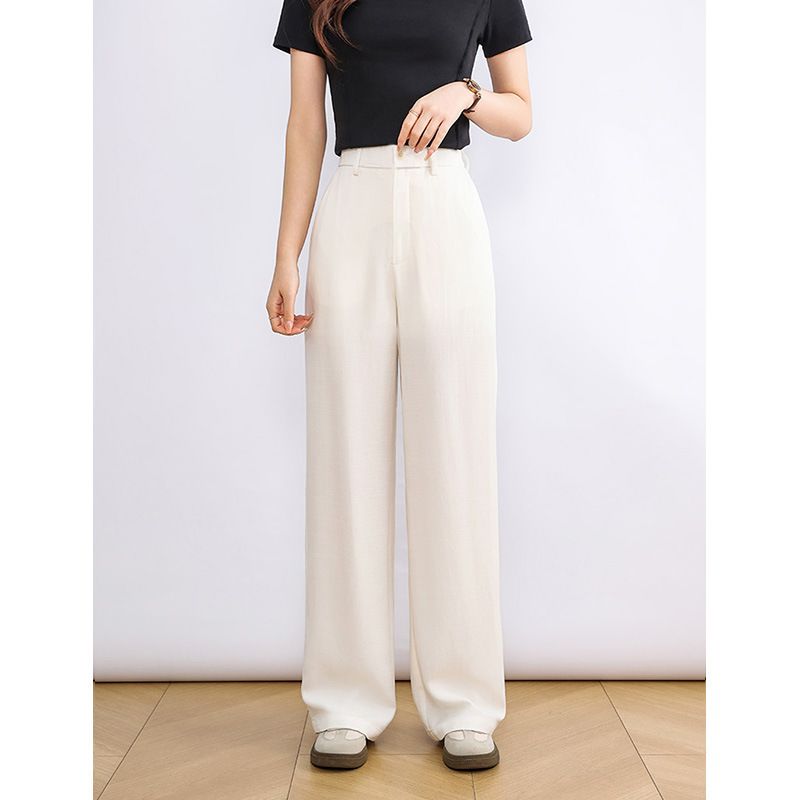 Suitable For All Seasons White Tencel Linen Narrow Wide-Leg For Women, Summer Thin Style With Elastic Waist, Lyocell Straight-Leg Casual Long_ecoleips.com