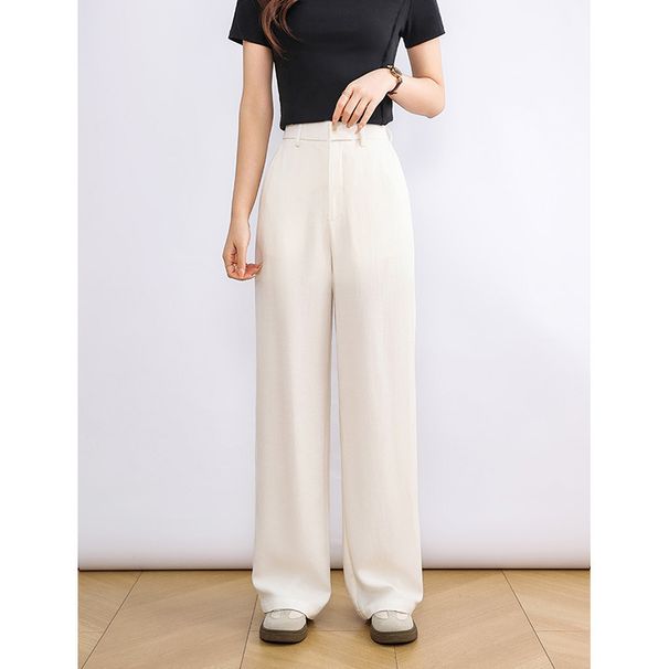 Suitable For All Seasons White Tencel Linen Narrow Wide-Leg For Women, Summer Thin Style With Elastic Waist, Lyocell Straight-Leg Casual Long_ecoleips.com