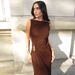 Women Sexy Slim Fit Metal Decor Hip Wrap Pencil Dress Shirred Sleeveless Bodycon Party Evening Cocktail Dress_ecoleips.com