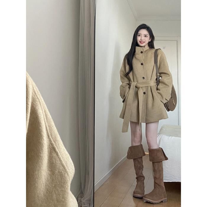 Elegant Khaki Wool Blend Coat For Women – Loose Fit High Neck Long Sleeve Trench Coat With Belt Detail, Korean Style Winter Outerwear_ecoleips.com