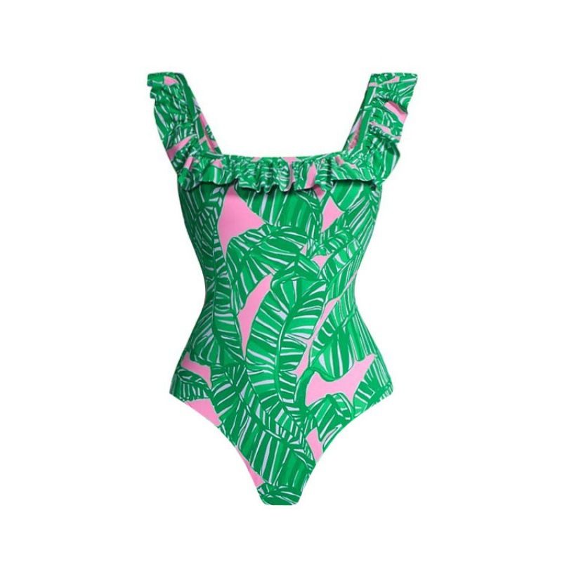 Women's Slim Fit Ruffled One Piece Swimsuit Green Printedfor Vacation Sexy Simple Design Summer_ecoleips.com