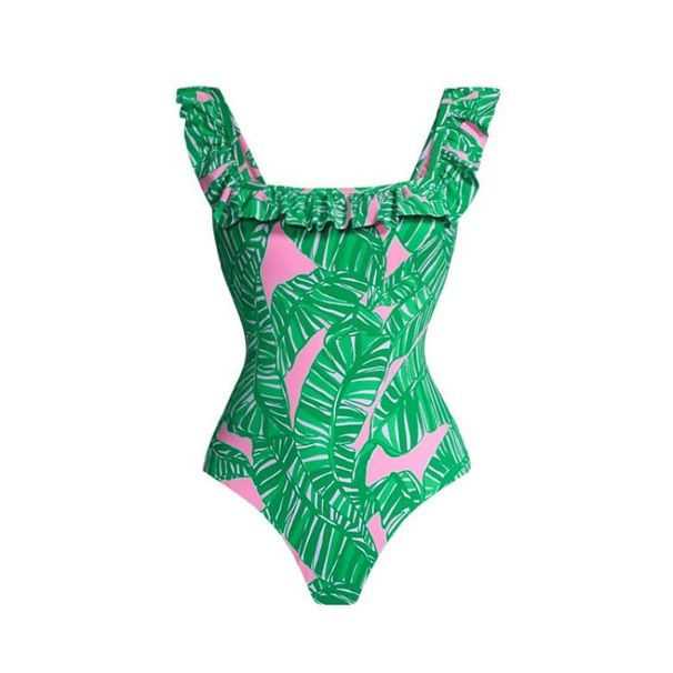 Women's Slim Fit Ruffled One Piece Swimsuit Green Printedfor Vacation Sexy Simple Design Summer_ecoleips.com