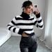 Women's Clothing High Neck Striped Sweater Knit Top Fashionable & Cozy Slim Fit Pullover For Streetwear & Casual Outfits (Black & White Contrast)_ecoleips.com