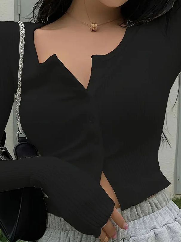 Women's Clothing Women's Slim Fit Long Sleeved T-Shirt European American Style Solid Color Base Layer Shirt Button Cardigan Top For Autumn_ecoleips.com
