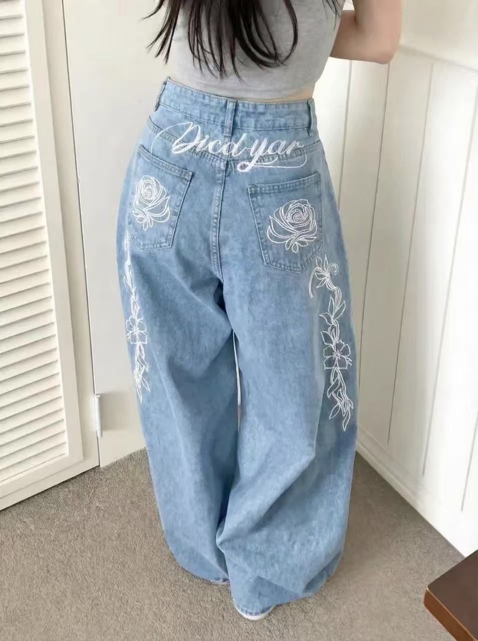 Women's Wide Leg Jeans High Waisted Street Style Retro Embroidered With Letters And Flowers Loose Fit Floor Length Y2K Trousers_ecoleips.com