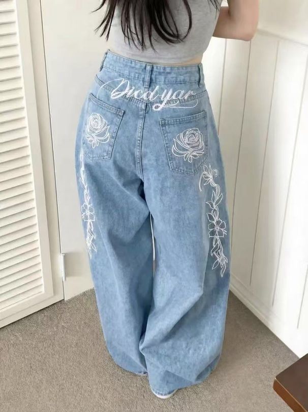 Women's Wide Leg Jeans High Waisted Street Style Retro Embroidered With Letters And Flowers Loose Fit Floor Length Y2K Trousers_ecoleips.com