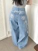 Women's Wide Leg Jeans High Waisted Street Style Retro Embroidered With Letters And Flowers Loose Fit Floor Length Y2K Trousers_ecoleips.com