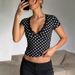 Women's Sexy V-Neck T-Shirt, Polka Dot Print & Contrast Trim, Bodycon Fit Cropped Tee For Summer, Streetwear Style Top_ecoleips.com