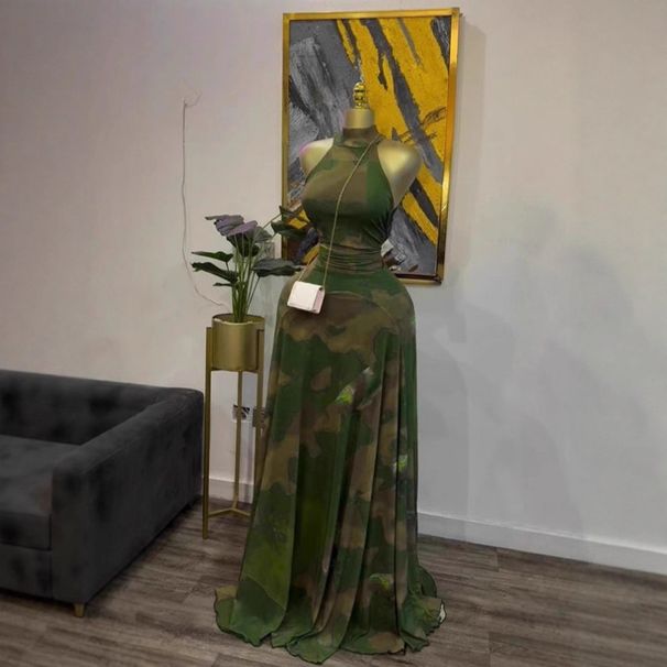 European And American Style Women's Sleeveless Dress Printed Sweet Design Elegant Belted Long Skirt for Vacation_ecoleips.com