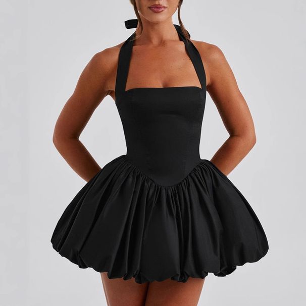 Women's Clothing Sexy Waist Slimming Puffy Skirt Halter Neck Lace Up Dress_ecoleips.com