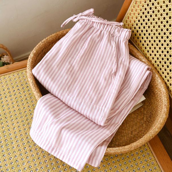 Women Pure Cotton Gauze Lounge Pants Soft Breathable Striped Pajama Bottoms Loose All Season Home Wear Trousers With Pockets_ecoleips.com