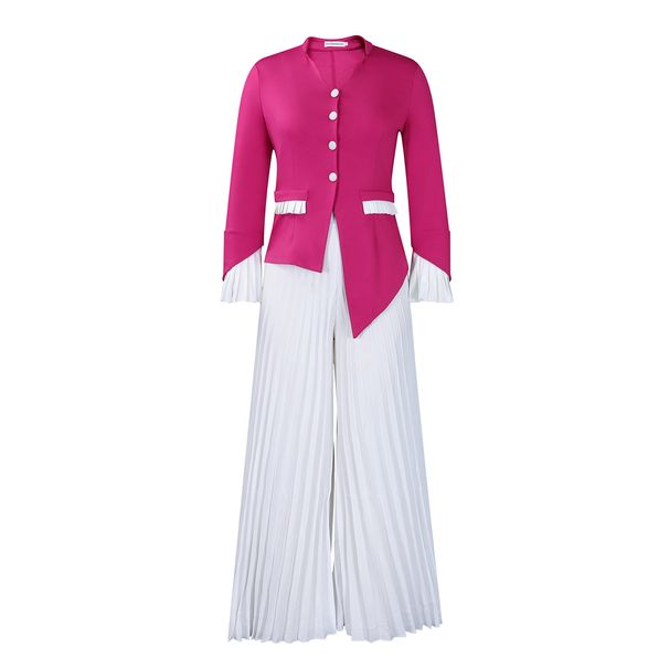 Women’s Clothing Spring New Fashion Trumpet Sleeve Top Pleated Wide Leg Pants Suit African Two Piece Suit_ecoleips.com
