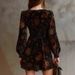 Floral Print V-Neck Velvet Dress Sexy Fitted Waist Long Sleeves Short Skirt New_ecoleips.com