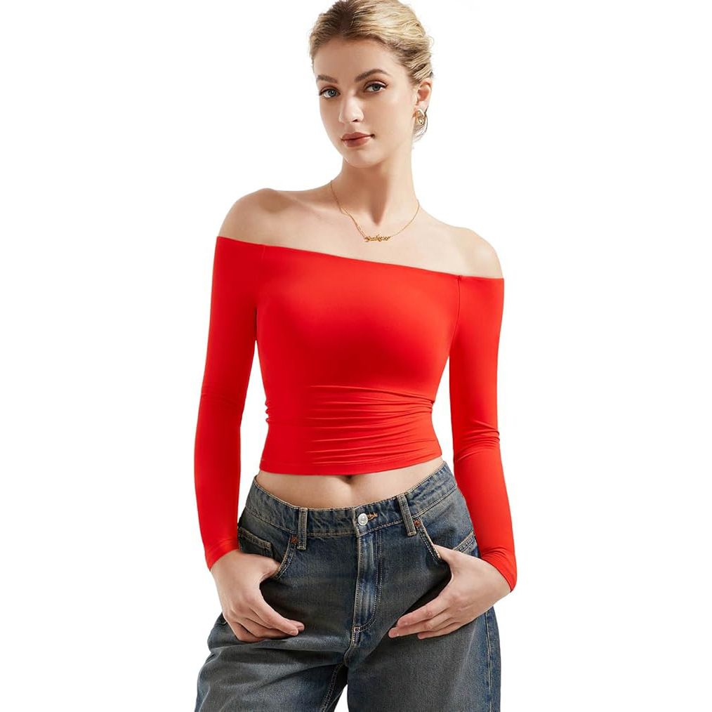 Women's Clothing Autumn Fashion Sexy Long Sleeved Off Shoulder Crop Top Women's Pullover T-Shirt Streetwear Style_ecoleips.com