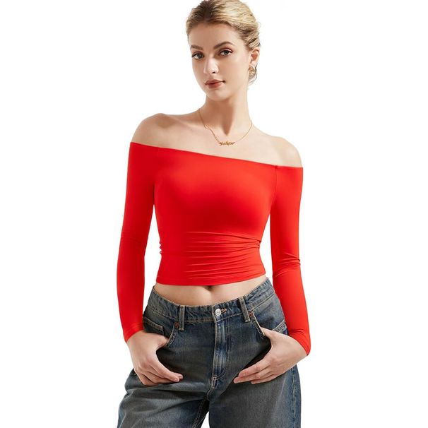 Women's Clothing Autumn Fashion Sexy Long Sleeved Off Shoulder Crop Top Women's Pullover T-Shirt Streetwear Style_ecoleips.com