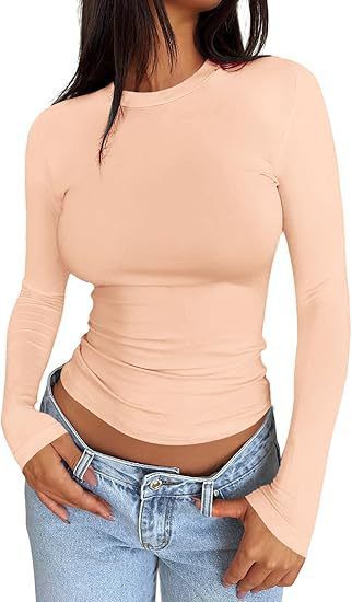 Women's Slim Fit Long Sleeve Top Round Neck Versatile Solid Color American Style For Autumn Casual Wear_ecoleips.com