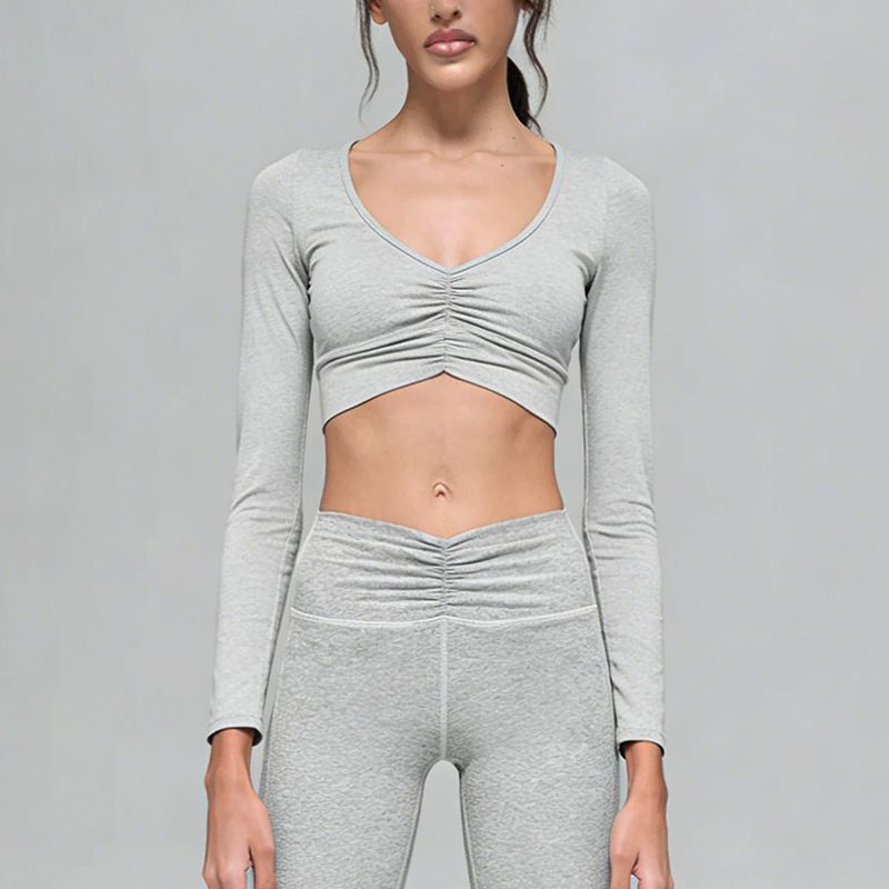 Cationic High Elastic Yoga Suit Set for Women Long Sleeved Sports Top Ruched Loose Fitting Wide Leg Pants_ecoleips.com