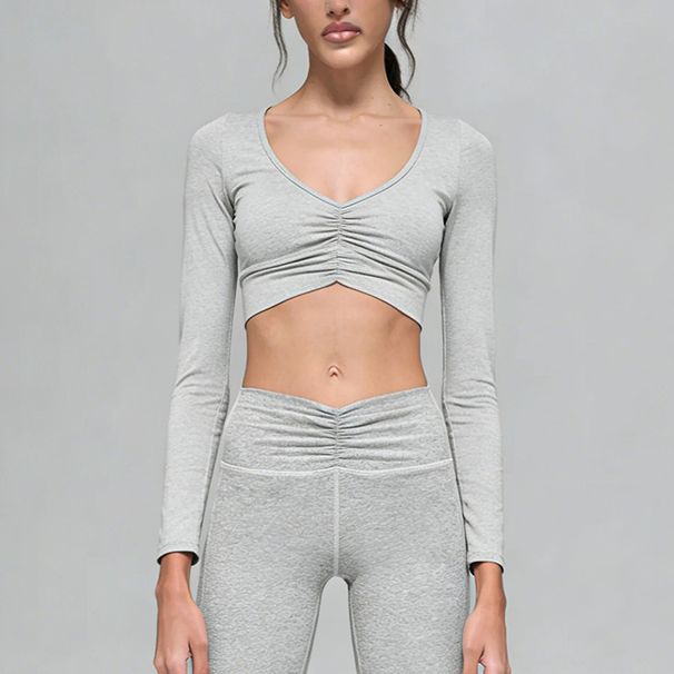 Cationic High Elastic Yoga Suit Set for Women Long Sleeved Sports Top Ruched Loose Fitting Wide Leg Pants_ecoleips.com