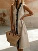 Women's Clothing Women's Elegant Color Block Midi Dress Ruffle Sleeveless Cotton And Linen Blend Style For Formal & Casual For Women_ecoleips.com