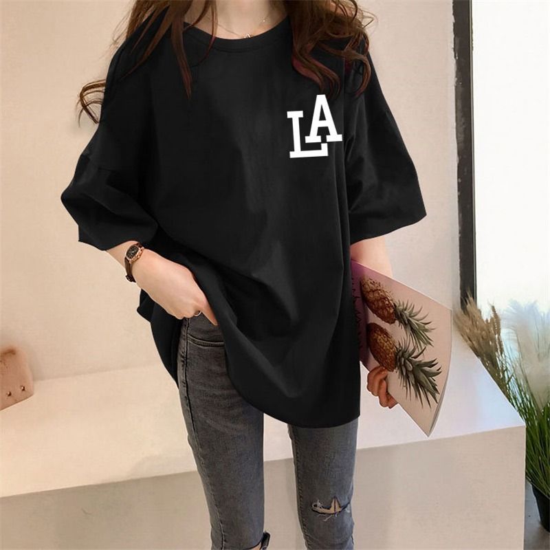 Women's White round Neck T-Shirt Short Sleeve Loose Fit mid Length Versatile Spring Summer Top for Students_ecoleips.com