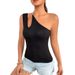 Voya Women's Sexy Hollowed Out Slanted Neck T-shirt Sleeveless Off Shoulder Slim Fit Top_ecoleips.com