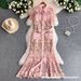 Elegant Lace Mermaid Evening Dress With Rhinestone Buttons - High Waist Tailored Fit Formal Gown For Women (Pink/Blue/White, S-Xxl)_ecoleips.com
