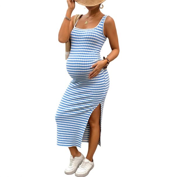 Women's Clothing Slim Sexy Square Collar Striped Side Slit Sleeveless Hip Wrapped Maternity Dress_ecoleips.com