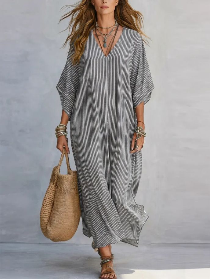 Fashionable Casual Long Dress Striped V Neck Loose Fitting Women's Clothing For American Styles Stylish Relaxed Vacation Wear_ecoleips.com