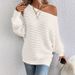 Elegant Batwing Sleeve Knit Sweater Women's Solid Color Oversized Pullover - Crew Neck, Textured Stripe, Comfy Acrylic Fabric For Work & Casual_ecoleips.com