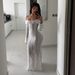 Elegant One Shoulder Off Lace Long Dress Flared Sleeve Strapless Formal Party Evening Gown Wedding Bridesmaid Dress_ecoleips.com