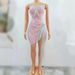 Mesh Rhinestone Tassel Short Dress See Through Cutout Sexy Tight Fitting Evening Gown Stage Performance Costume For Women_ecoleips.com