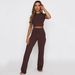 Women's Clothing Short Sleeved Cropped Tops Trousers Knitted Casual Suit_ecoleips.com