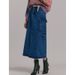 Korean Fashion Street Style Versatile A-line Washed High Waist Multi-pocket Back Elastic Front Slit Denim Skirt_ecoleips.com