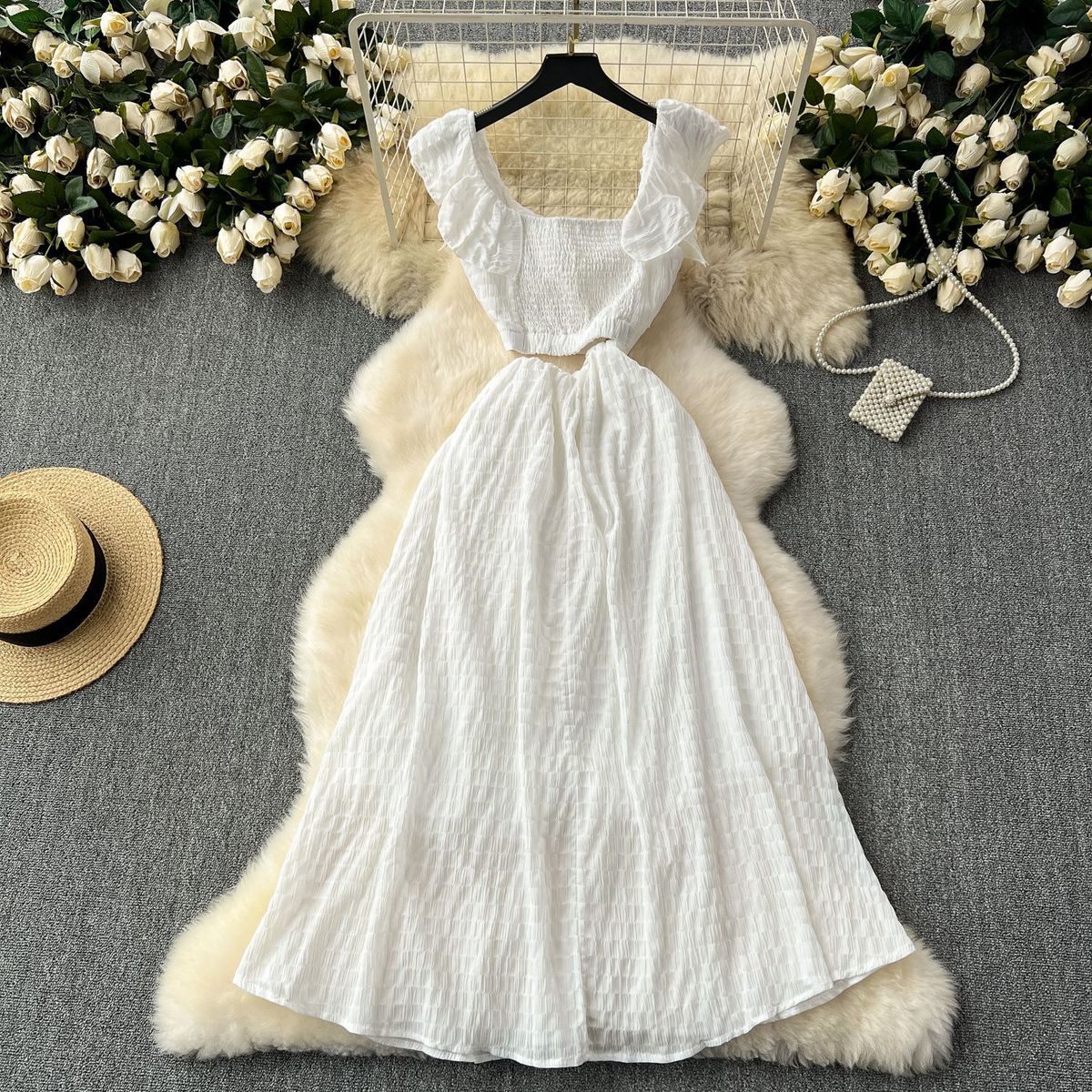 Women's Clothing Chic Super Fairy White Dress Female Seaside Holiday Style Scheming Hollow Small Flying Sleeves Long Skirt_ecoleips.com