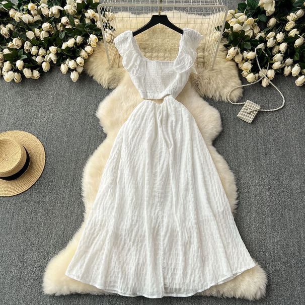 Women's Clothing Chic Super Fairy White Dress Female Seaside Holiday Style Scheming Hollow Small Flying Sleeves Long Skirt_ecoleips.com