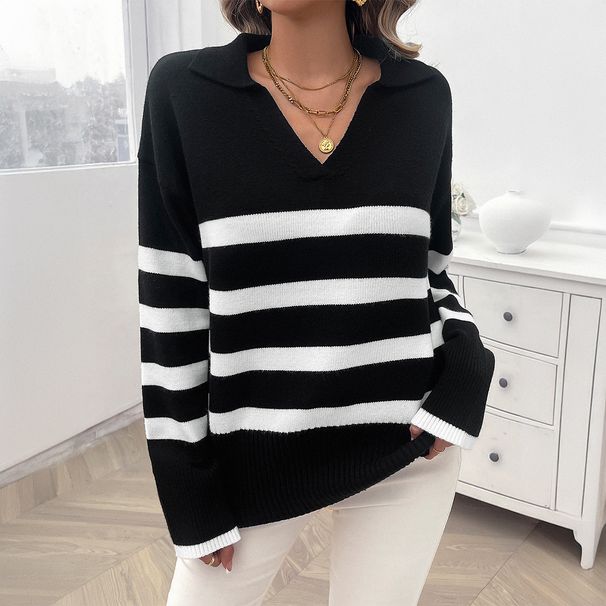 Diyun European And American 2024 Autumn Winter Women's Casual Loose Striped Color-Block Turn-Down_ecoleips.com