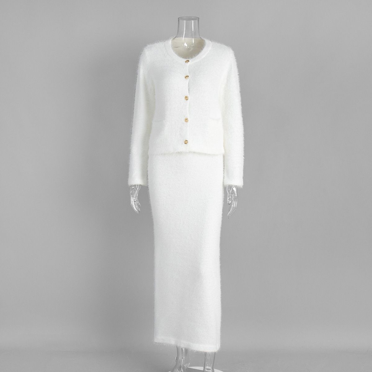 Velvet-Touch Long Sleeve Skirt Set – Single-Breasted Cardigan & Midi Skirt (S-L, Winter White & Neutral Tones)_ecoleips.com