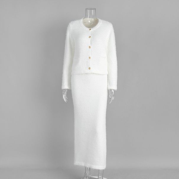 Velvet-Touch Long Sleeve Skirt Set – Single-Breasted Cardigan & Midi Skirt (S-L, Winter White & Neutral Tones)_ecoleips.com
