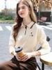 I BELIEVE YOU Polo Neck Long Sleeved T-shirt For Women Autumn 2025 Apricot Casual Tees Contrast Color Embroidery Top 2253016181_ecoleips.com