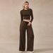 Voya Lazy Style Two-piece Brown Long Sleeved Short Cut Crop Top, Wide Leg Casual Pants, Fashionable And Comfortable Suit For Women_ecoleips.com